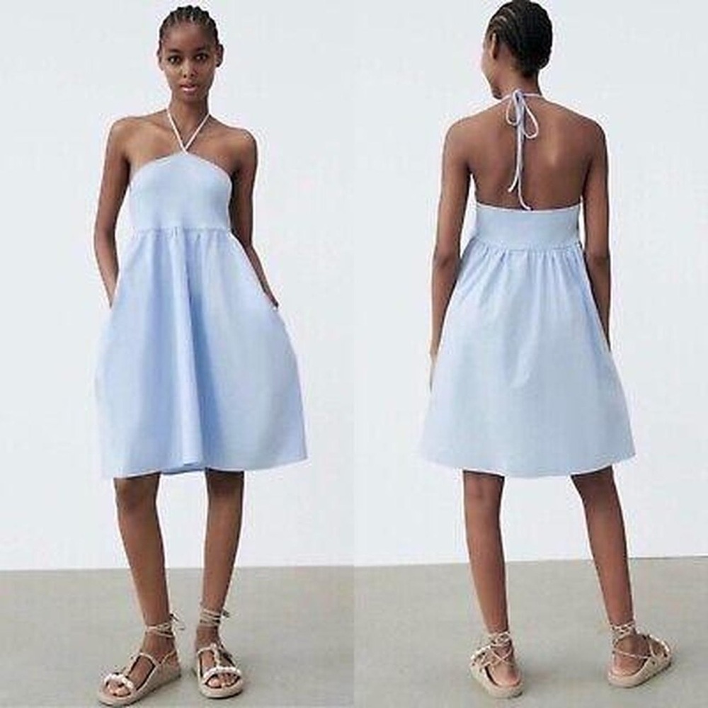 Zara babydoll halter neck baby blue mini dress